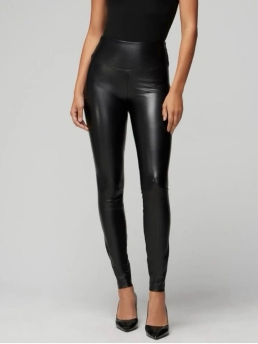 White House Black Market NWOT WHBM black vegan-leather runway leggings. Size 12